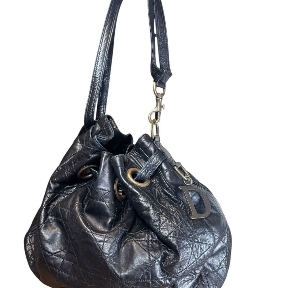 DIOR Black Quilted Cannage Leather Drawstring Hobo Bucket Shoulder Bag Auth Ex++ - Picture 2 of 16